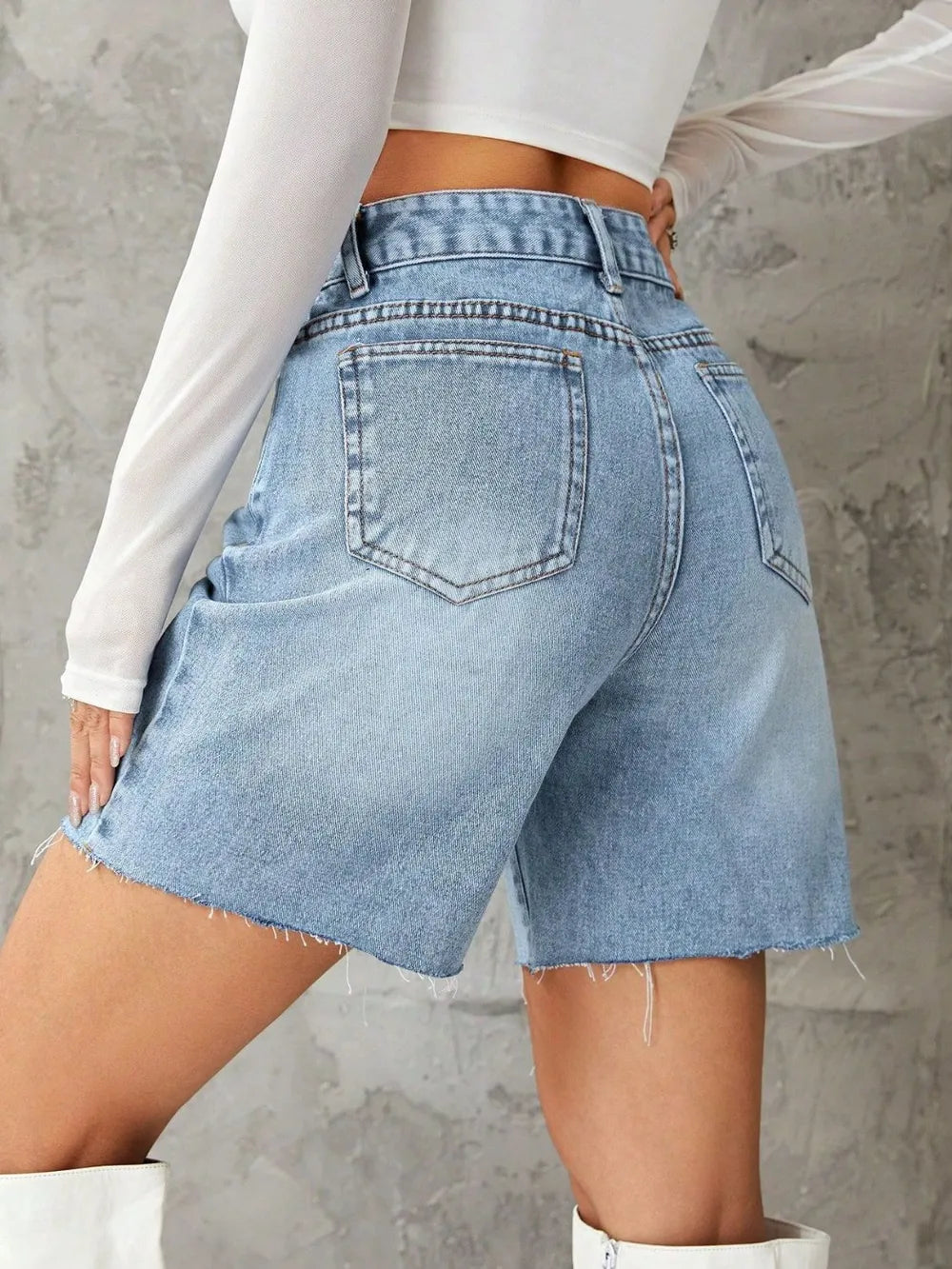 Frayed Hem Long Denim Shorts - Shorts