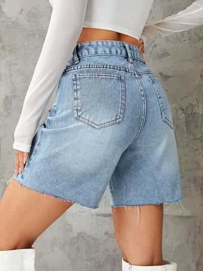 Frayed Hem Long Denim Shorts - Shorts