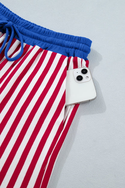 Striped V-Neck Contrast Trim Tee & Matching Shorts Two-Piece Set — Cute Casual Style - Short Sets