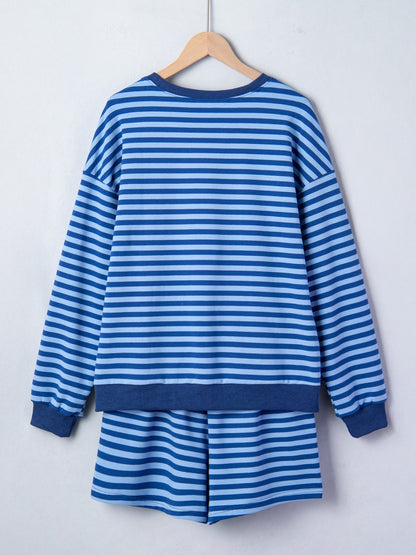 Women's Striped Drop Shoulder Pullover and Elastic Waist Shorts Set - Matching Sets