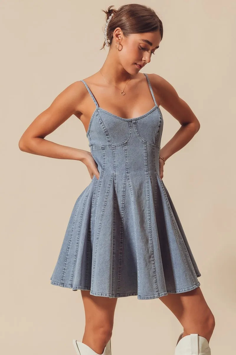 A Line Fit And Flare Denim Bow Ties Mini Dress | Trendy Mini Dresses Outfit Idea for Women by Ro + Ivy | Elevated Basics, Modern Comfort & Style