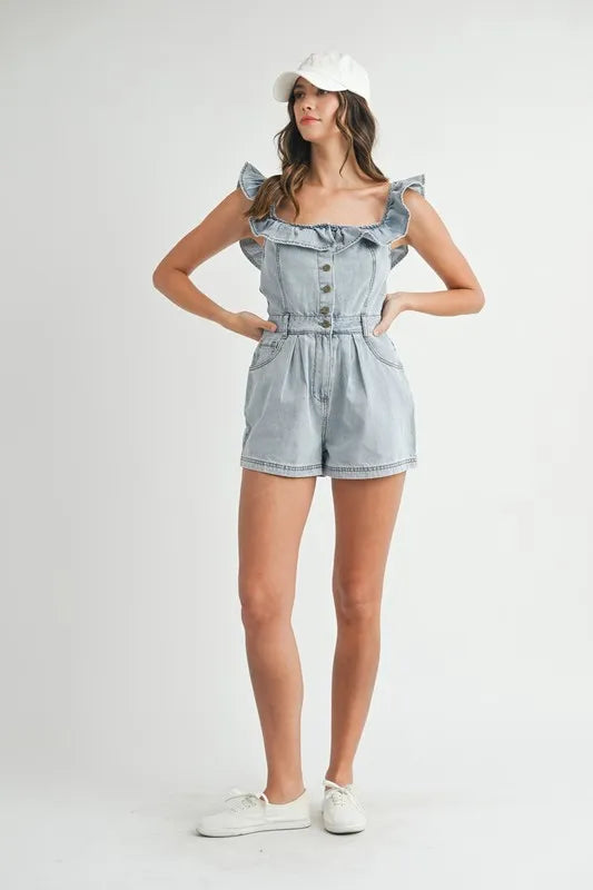 Off Shoulder Ruffle Detail Denim Romper - Rompers