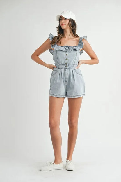 Off Shoulder Ruffle Detail Denim Romper - Rompers