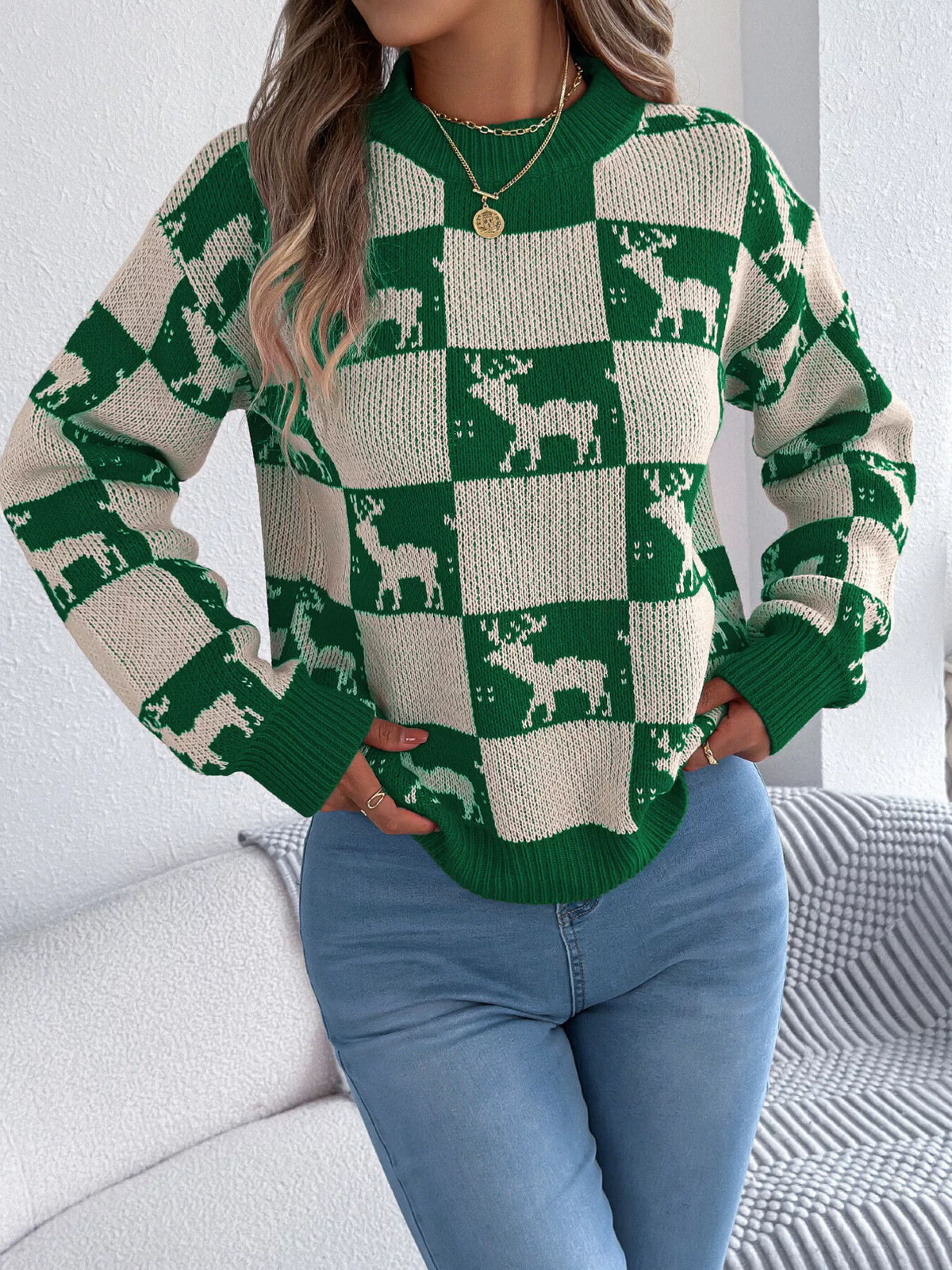 Reindeer Checkerboard Pattern Pullover Sweater Green
