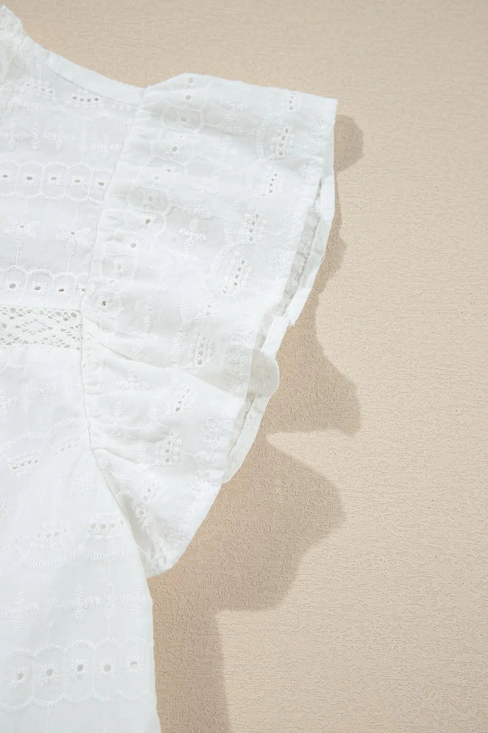 Round Neck Flutter Sleeve Eyelet Blouse with Lace - Blouses