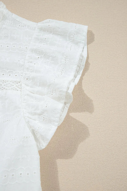 Round Neck Flutter Sleeve Eyelet Blouse with Lace - Blouses