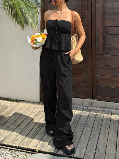 Women's Tube Top and Wide Leg Pants Set - Black Matching Sets