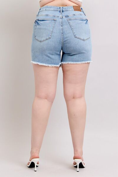 Full Size Tummy Control Raw Hem Denim Shorts Plus Size - Ro + Ivy