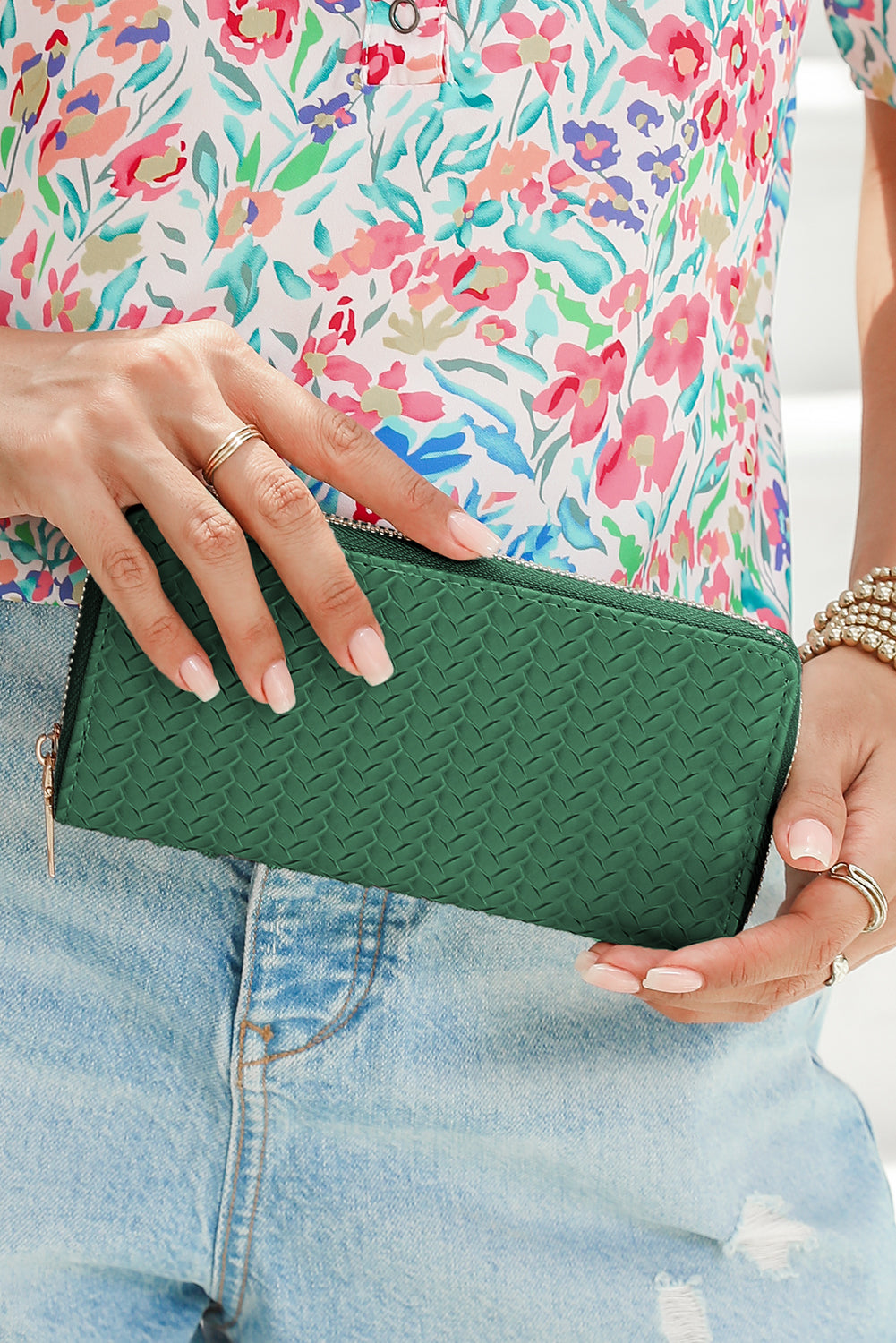 Woven Texture Zip-Around Long Wallet — Organized Card Slots Everyday Carry - Blackish Green ONE Wallets
