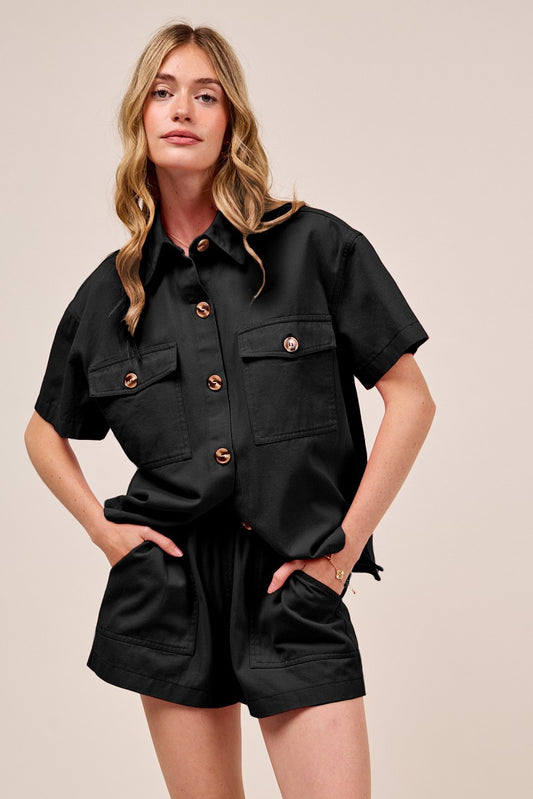 Button-Down Denim Shirt & Matching Shorts Two-Piece Set — Chic Effortless Game Day Style - BLACK Outfit Sets