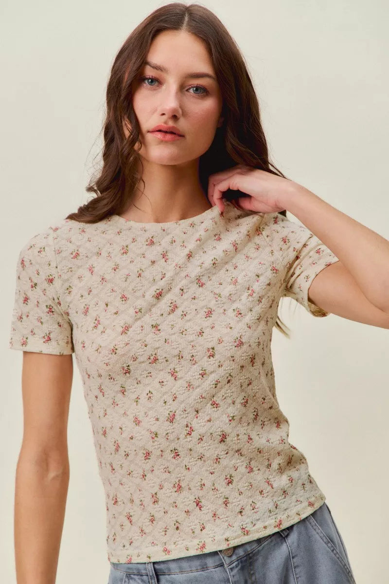 Floral Lace Short Sleeve Layering Knit Top — Romantic Soft Inner Layer Everyday Style - Knit Tops