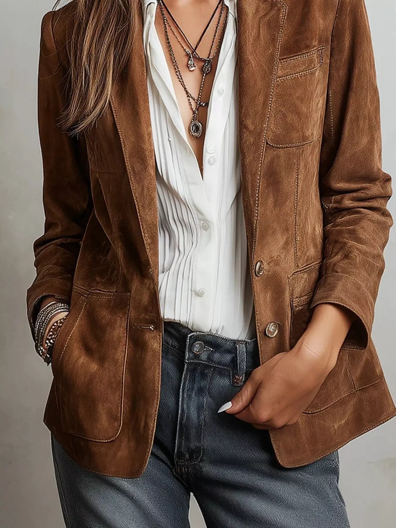 Slim Fit Suede Long Sleeve Blazer