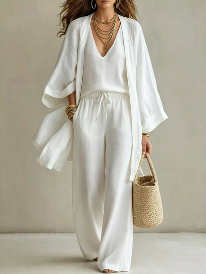 Three-Piece Lounge Set with V-Neck Top, Open Cardigan and Drawstring Pants White