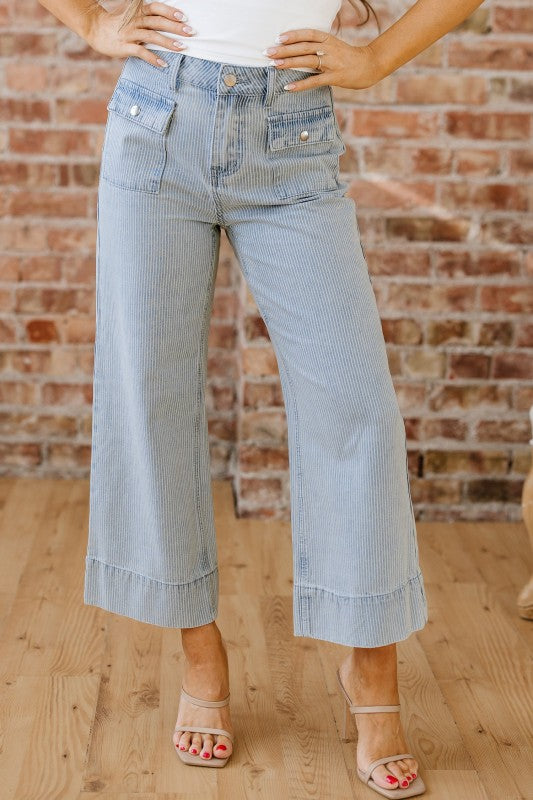 Sky Blue Stripe Petite Friendly Pinstripe Rolled Hem Wide Leg Jeans | Trendy Jeans Outfit Idea for Women by Ro + Ivy | Elevated Basics, Modern Comfort & Style