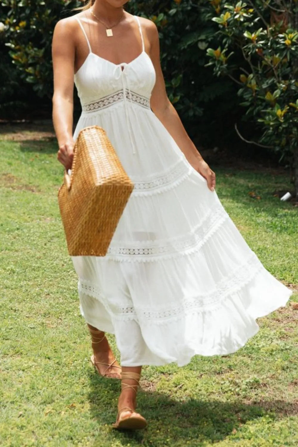 Lace Detail Smocked Midi Cami Dress - Midi Dresses
