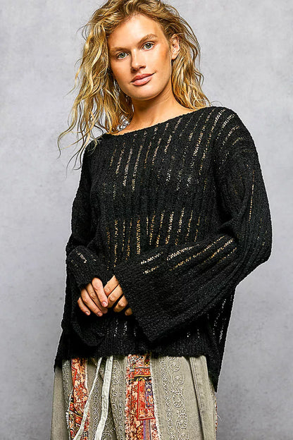 Round Neck Long Sleeve Open Weave Pullover Sweater — Breathable Textured Casual Everyday Style - Sweaters