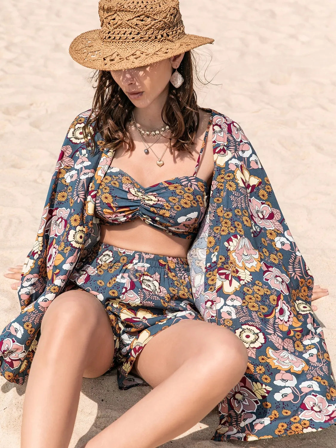 Women's Flowy Printed Bra, Cover Up and Shorts Set - Matching Sets