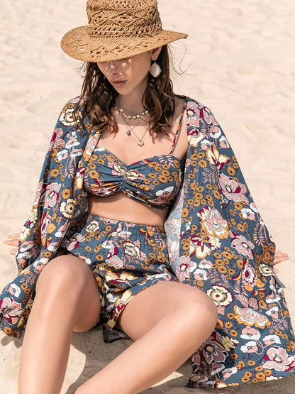 Women's Flowy Printed Bra, Cover Up and Shorts Set - Matching Sets
