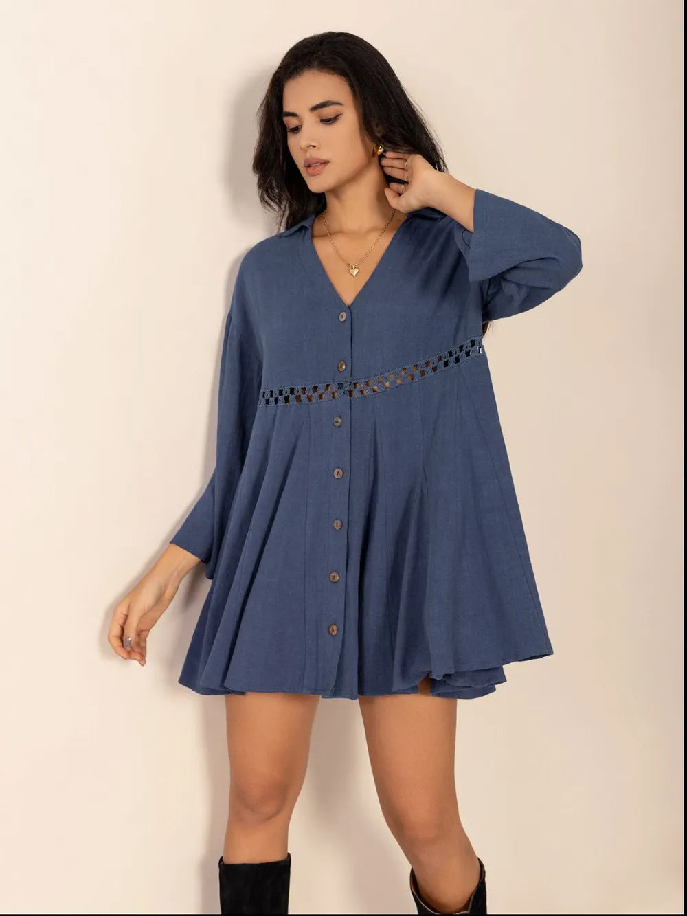 Cutout Johnny Collar V Neck Long Sleeve Mini Dress - Mini Dresses