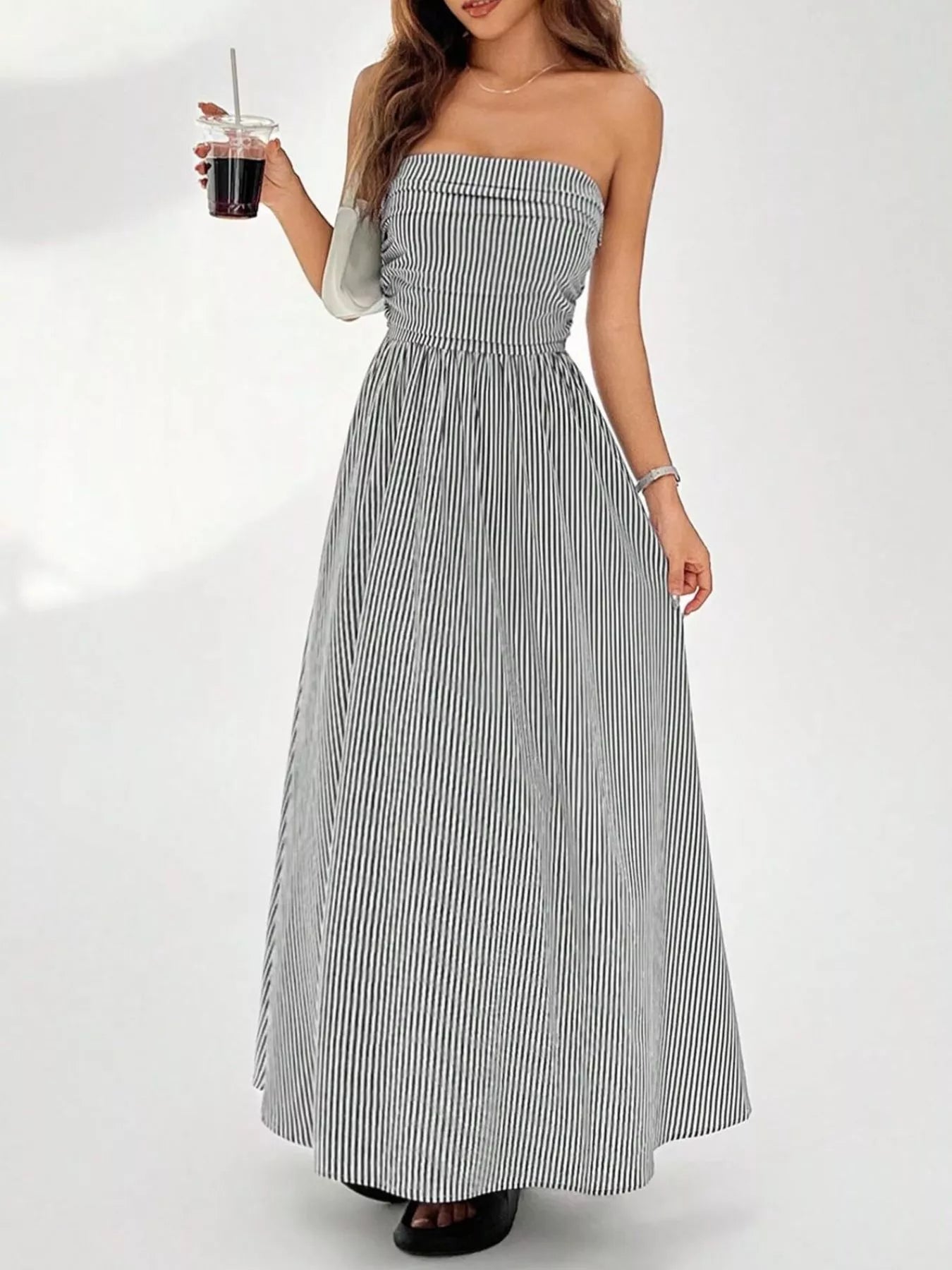 Strapless Featherweight Cotton Striped Maxi Dress - Grey Maxi Dresses