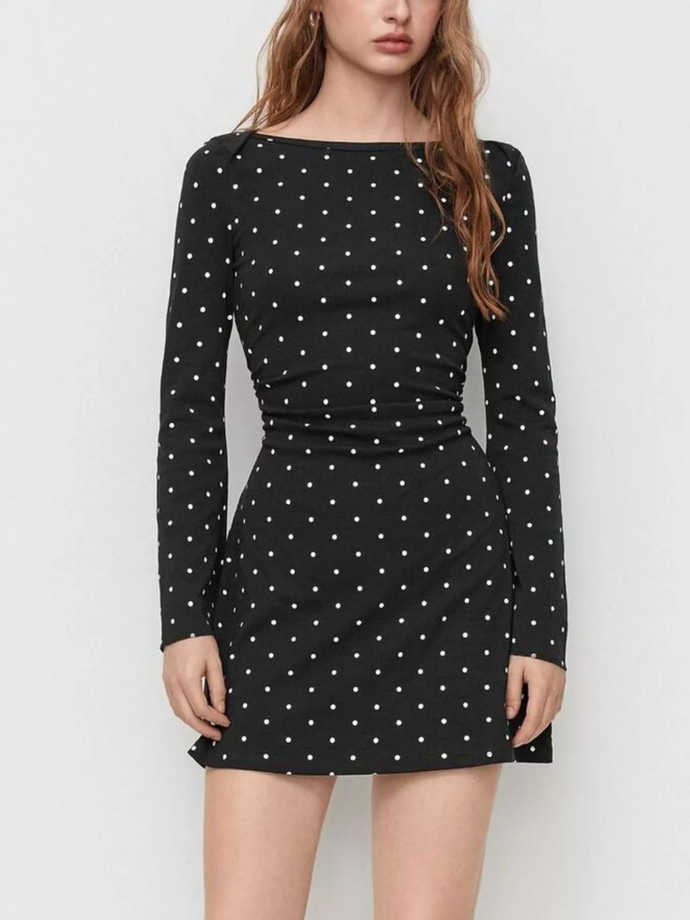 Polka Dot Boat Neck Flare Sleeves Mini Dress