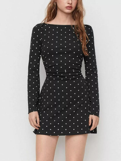 Polka Dot Boat Neck Flare Sleeves Mini Dress