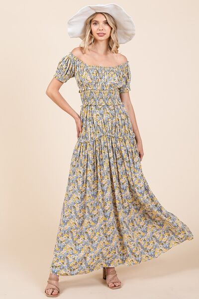 Flower Print Puff Sleeve Gathered Maxi Dress - Ro + Ivy