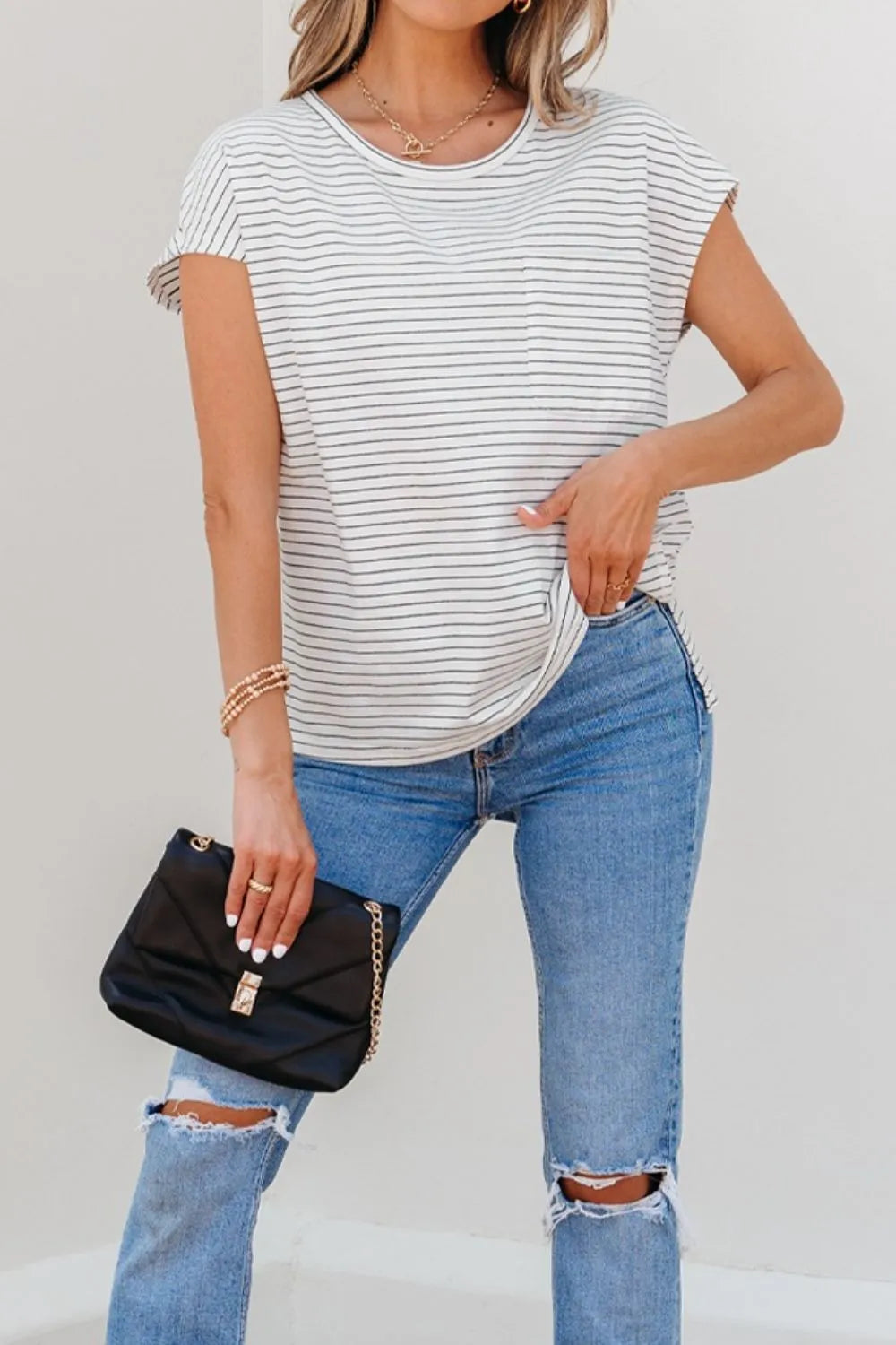Stripe Short Sleeve Crew Neck Casual Tee With Chest Pocket - Shirts