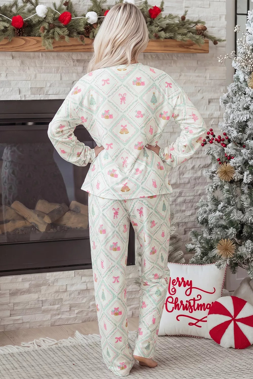 Christmas Patchwork Lounge Set with Button-Front Long-Sleeve Top and Drawstring Pants
