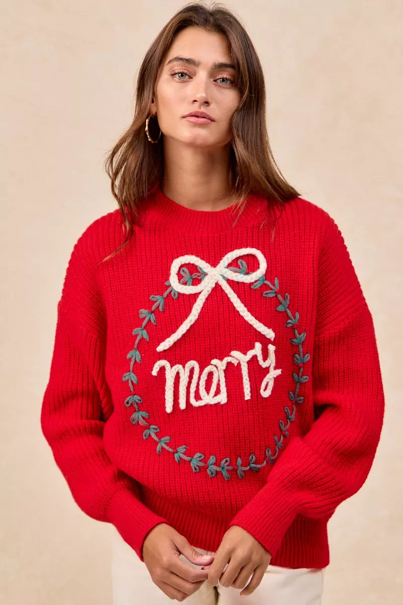 "Merry" Lettering Christmas Wreath Crewneck Sweater | Trendy Sweaters Outfit Idea for Women by Ro + Ivy | Elevated Basics, Modern Comfort & Style