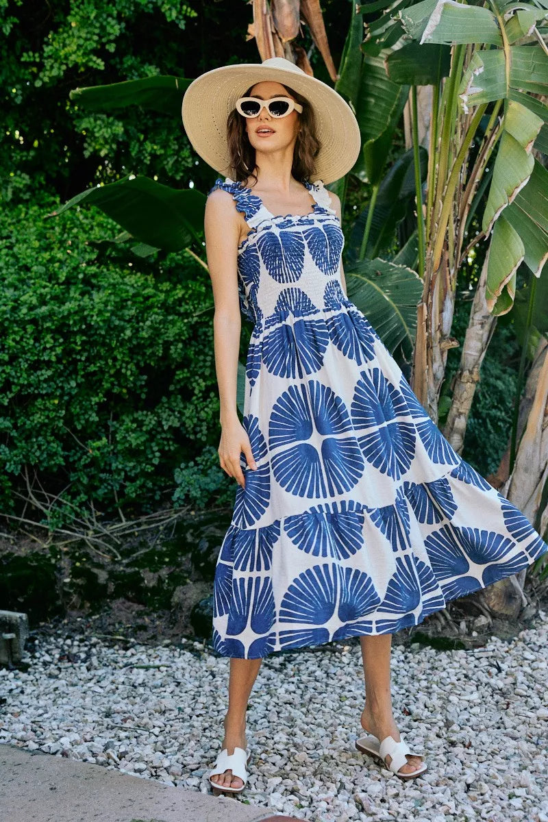Women's Abstract Print Smocked Tiered Midi Dress - Midi Dresses
