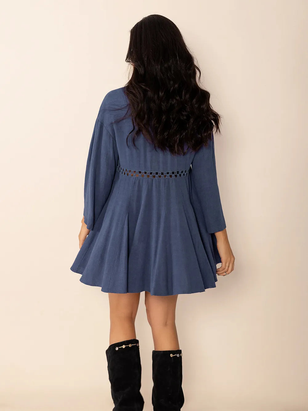 Cutout Johnny Collar V Neck Long Sleeve Mini Dress - Mini Dresses