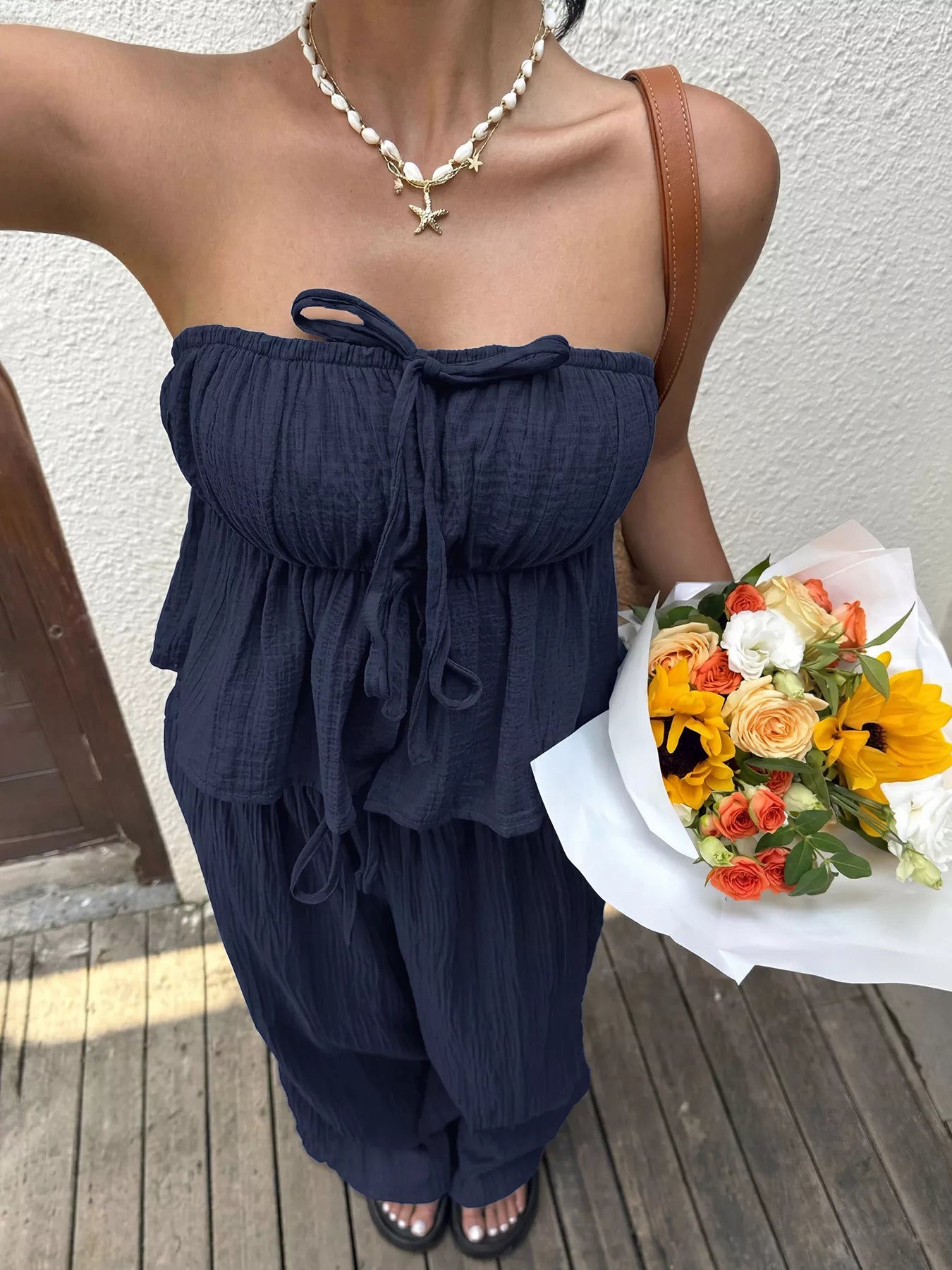 Women's Textured Tube Top and Flowy Wide Leg Pants Set - Matching Sets