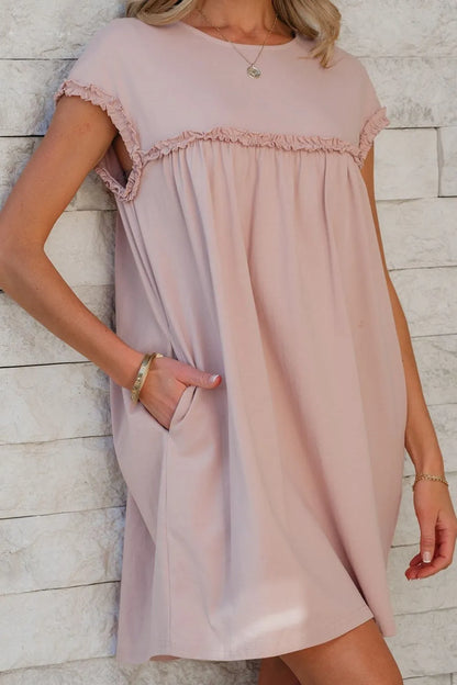 Frilled Trim Crew Neck Short Sleeve Loose Mini Dress - Mini Dresses