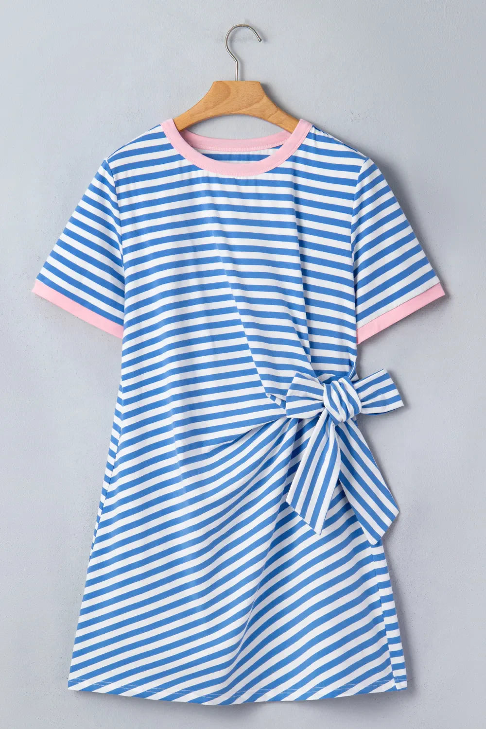 Striped Contrast Trim Tie Waist Coastal Mini Dress — Soft Stretch Everyday Style - Dresses/T Shirt Dresses