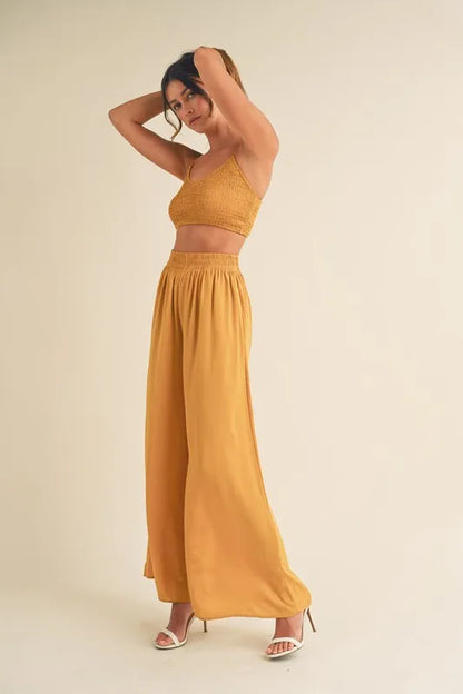 Smocked Bralette Crop Top And Wide Leg Pants Set – outfit idea for women | Ro + Ivy