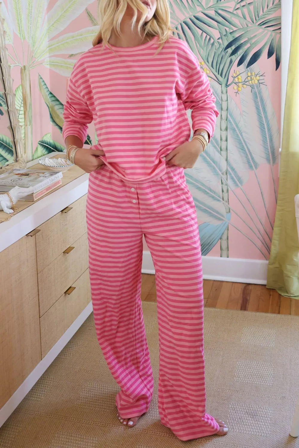 Women's Striped Drop Shoulder Round Neck Top and Buttoned Straight Pants Set - Matching Sets