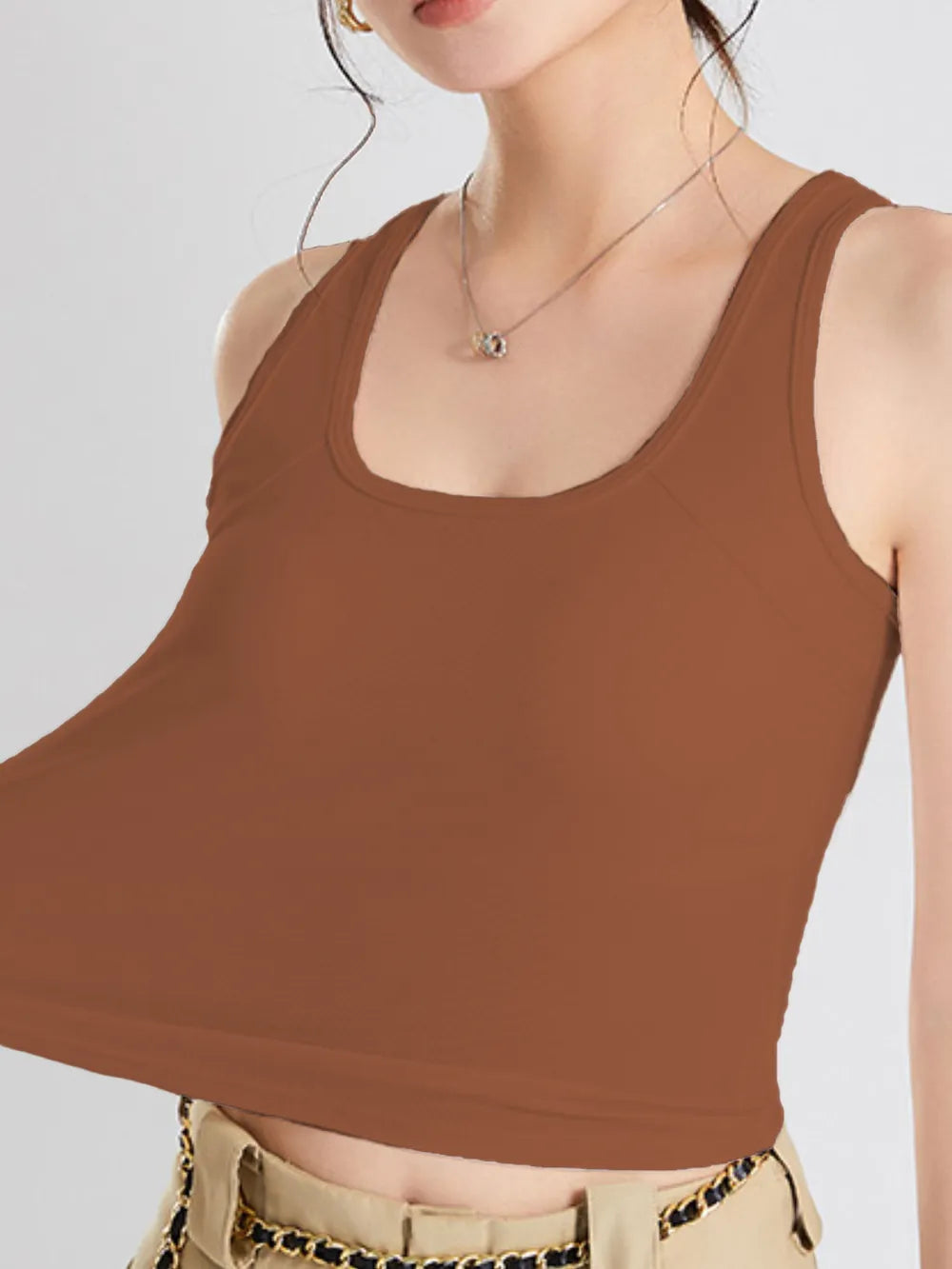 Women's Crisscross Scoop Neck Wide Strap Cropped Tank, Built-In Chest Pads - Caramel Crop Tops