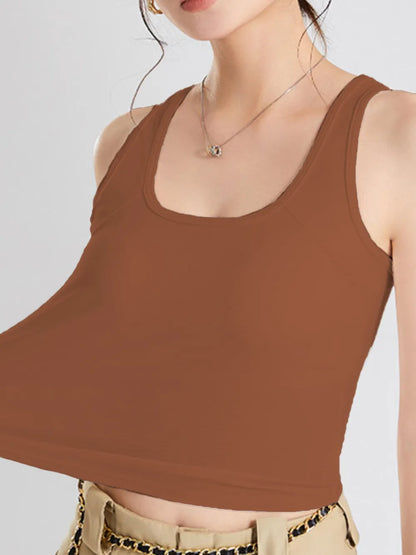 Women's Crisscross Scoop Neck Wide Strap Cropped Tank, Built-In Chest Pads - Caramel Crop Tops