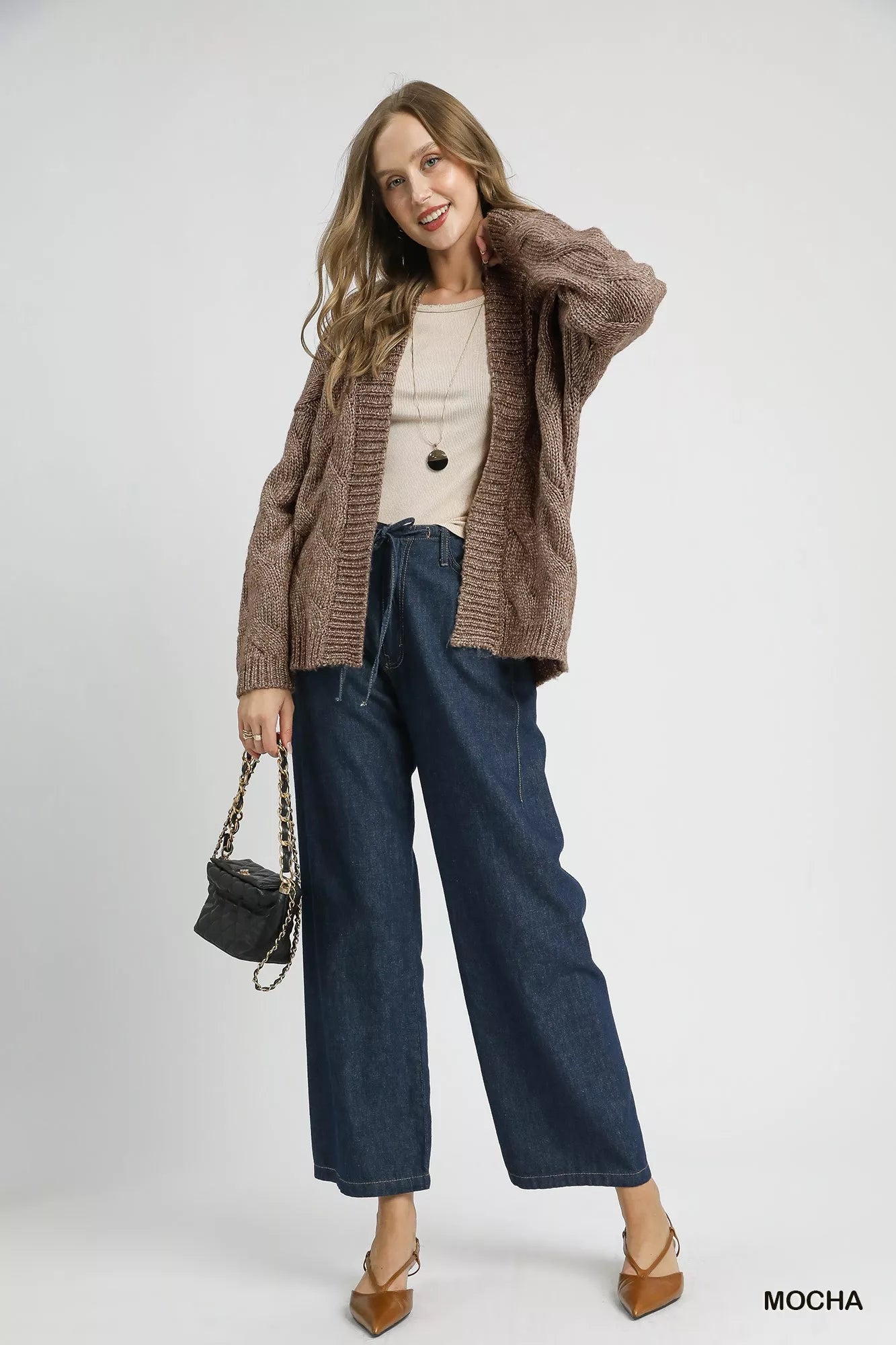 Chunky Cable Knit Long Sleeve Open Front Cardigan in Mocha | Trendy Cardigans Outfit Idea for Women by Ro + Ivy | Elevated Basics, Modern Comfort & Style