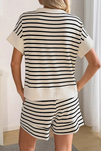 Women's Striped Half Zip Top and Shorts Set - Activewear Sets