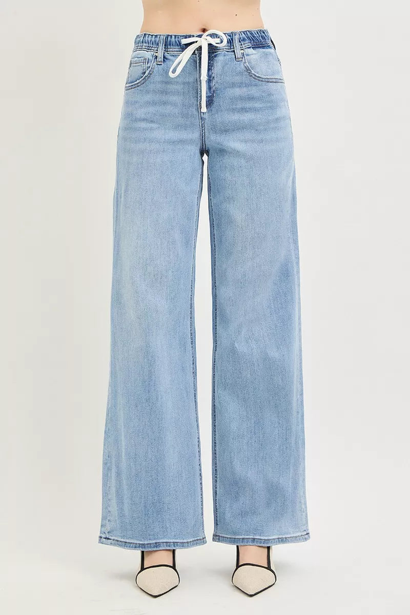 Elastic Waist Drawstring Slouchy Wide Leg Jeans — Relaxed Comfortable Casual Everyday Style - Jeans