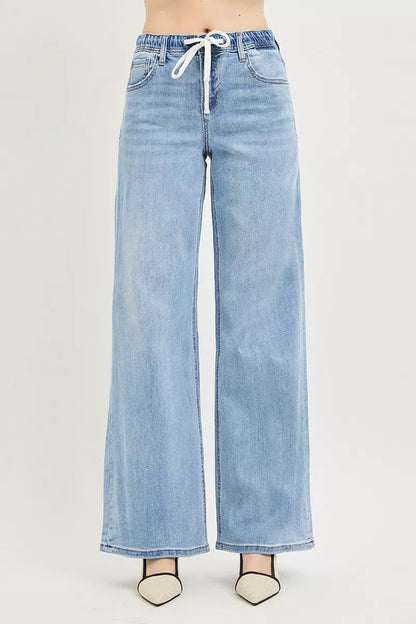 Elastic Waist Drawstring Slouchy Wide Leg Jeans — Relaxed Comfortable Casual Everyday Style - Jeans