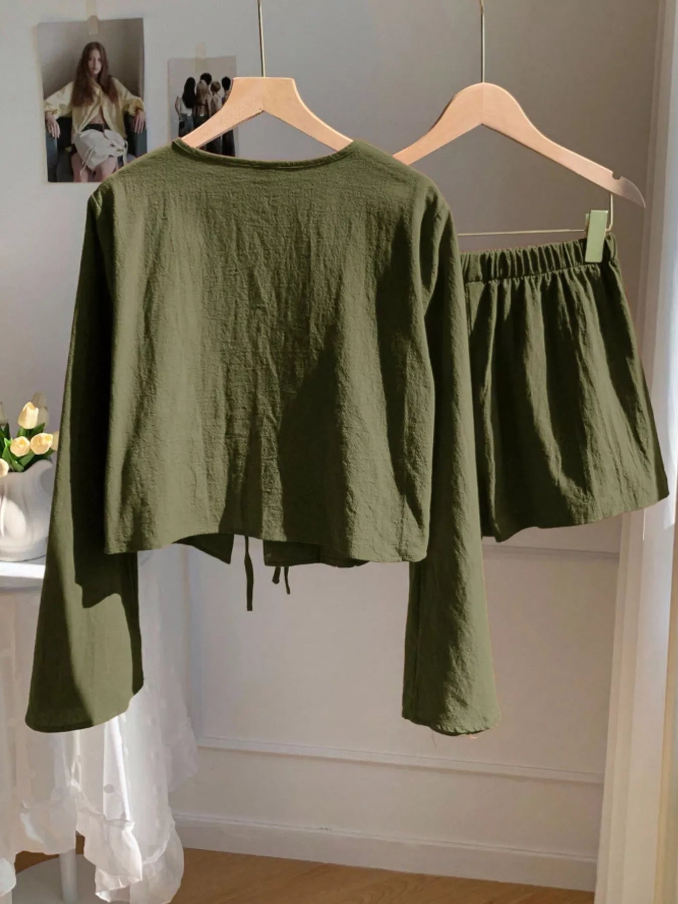 Women's Embroidered Tie Front Top and Shorts Set - Matching Sets