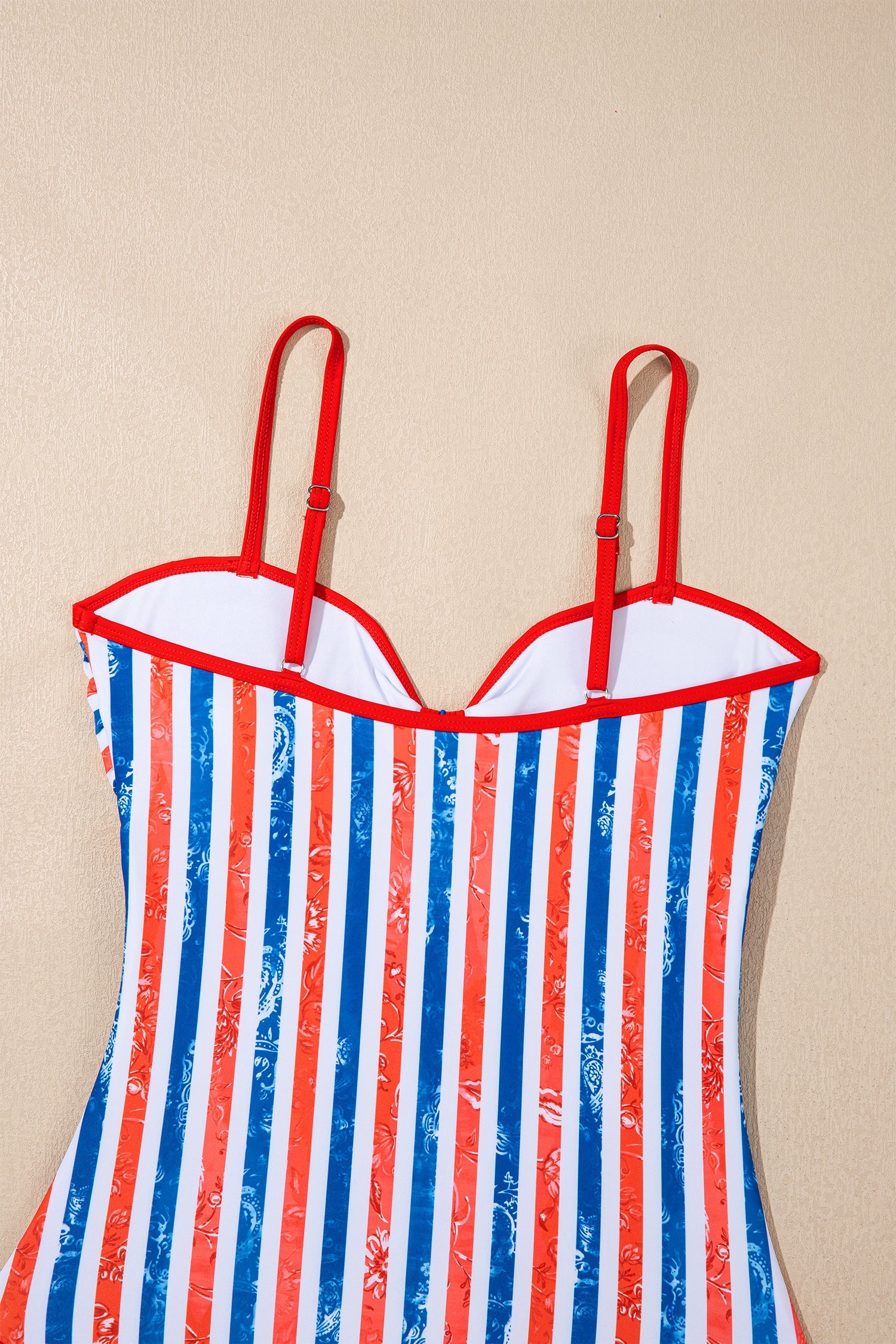 Americana Stars & Stripes Cutout Spaghetti Strap One-Piece Swimsuit — Patriotic Floral Accent Summery Style - One-Piece Swimsuits