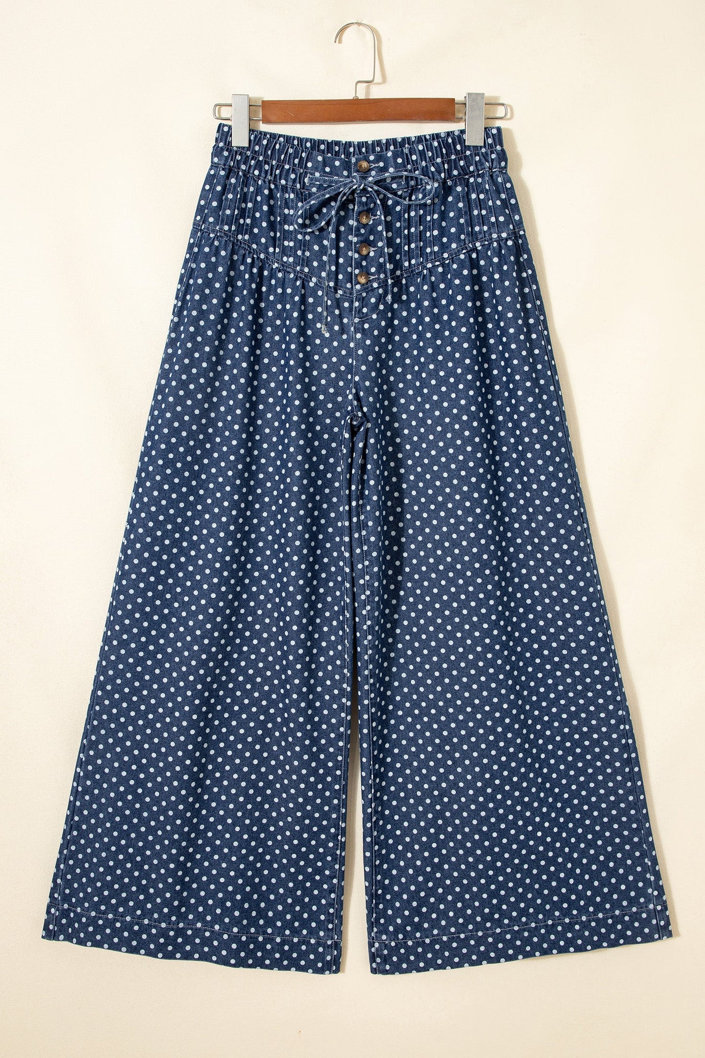 Polka Dot Button Front Pleated Wide Leg Denim Jeans — Charming Trendy Everyday Style - Bottoms/Jeans