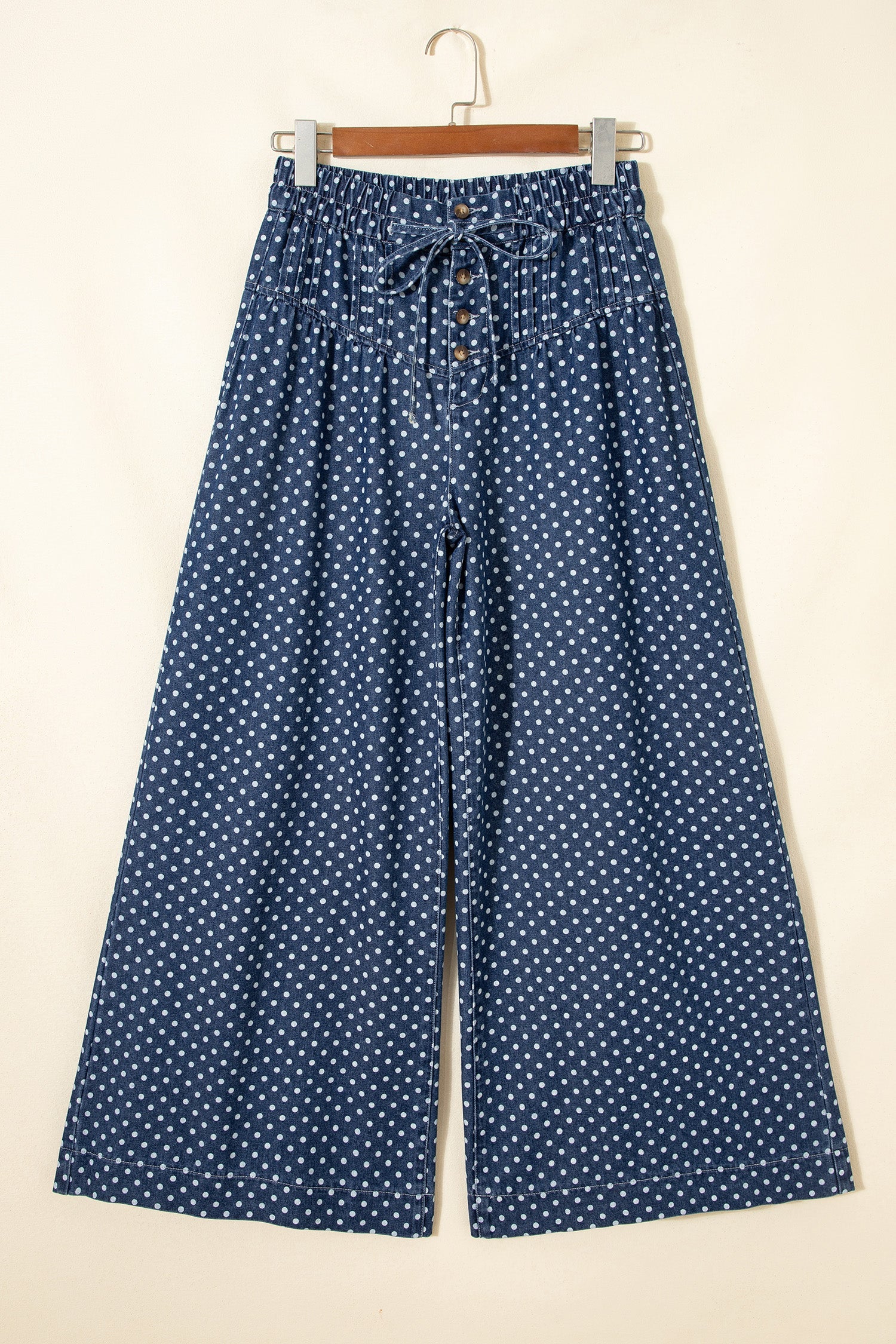 Polka Dot Button Front Pleated Wide Leg Denim Jeans — Charming Trendy Everyday Style - Bottoms/Jeans