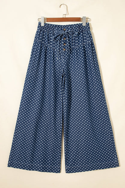 Polka Dot Button Front Pleated Wide Leg Denim Jeans — Charming Trendy Everyday Style - Bottoms/Jeans