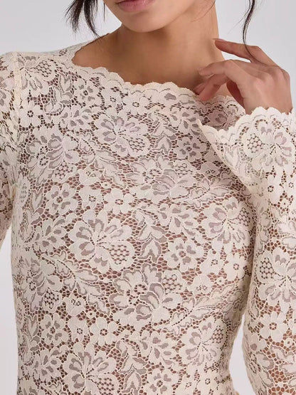 Long-Sleeve Bodycon Maxi Dress with Sheer Lace, Satin Patchwork and Ruched Details