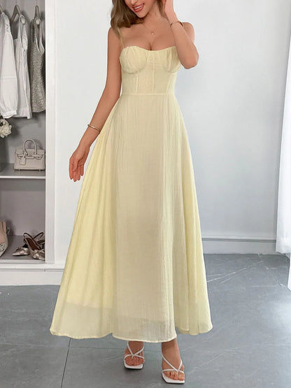Texture Sweetheart Neck Backless Spaghetti Strap Maxi Dress - Light Yellow Maxi Dresses